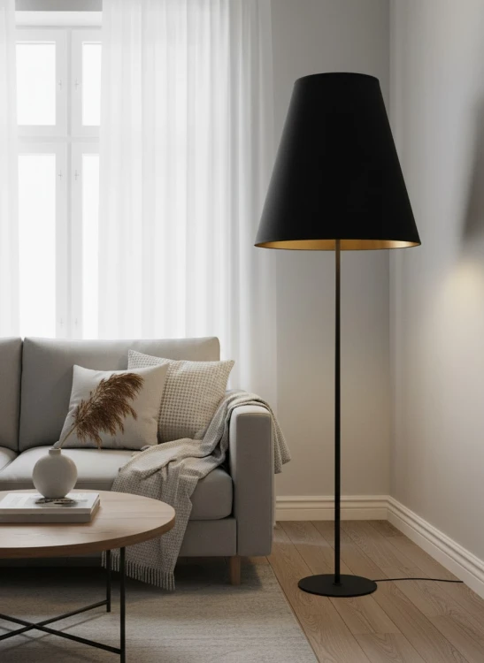 Abażur duży stożek do lampy podłogowej czarne lustro aranżacja 2.jpg